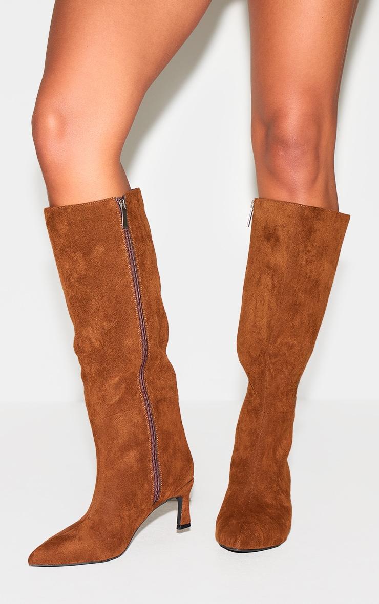 Chocolate Faux Suede Point Toe Mid Heeled Knee High Boots Product Image