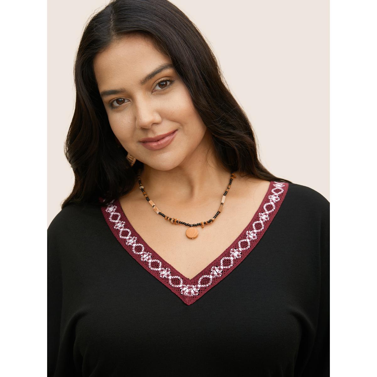 Plus Size V Neck Block Weave Trim Batwing Sleeve T-shirt Black Women Resort Patchwork V-neck Vacation T-shirts BloomChic 14-16/1X Product Image