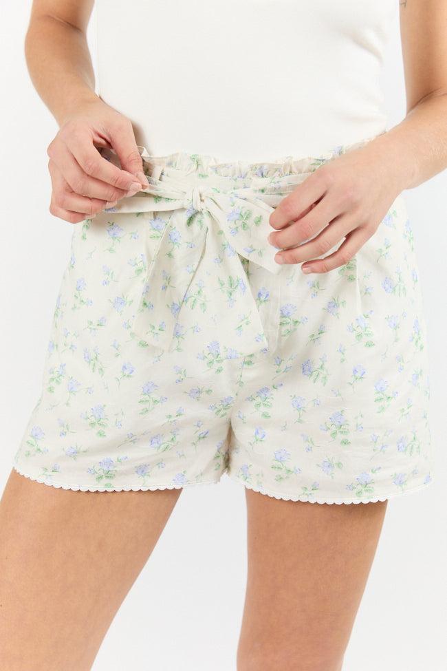 Bouquets Of Love Ivory and Blue Belted Floral Shorts FINAL SALE Product Image