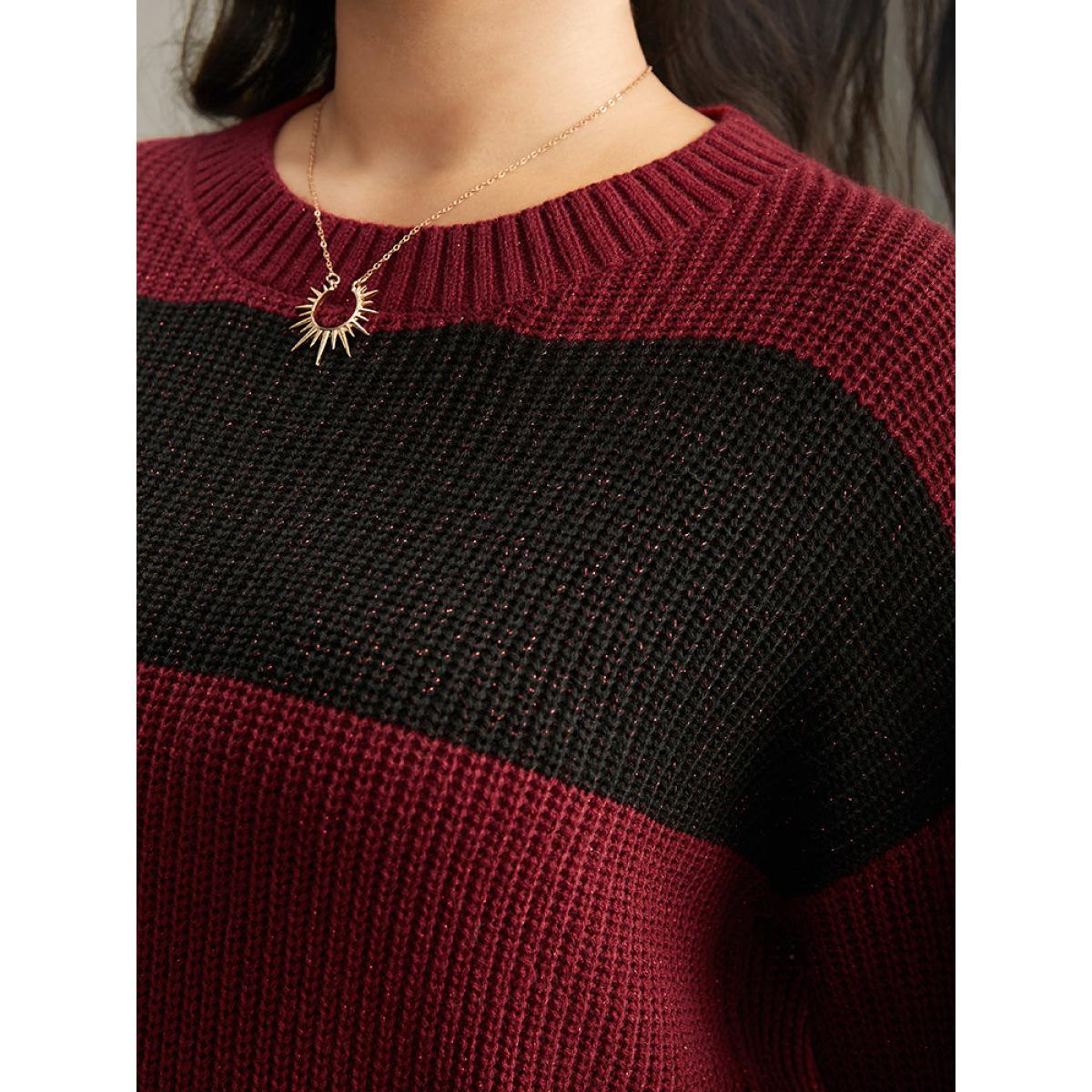 Plus Size Sparkly Two Tone Colorblock Pullover Scarlet Women Casual Loose Long Sleeve Round Neck Dailywear Pullovers BloomChic 18-20/2X Product Image