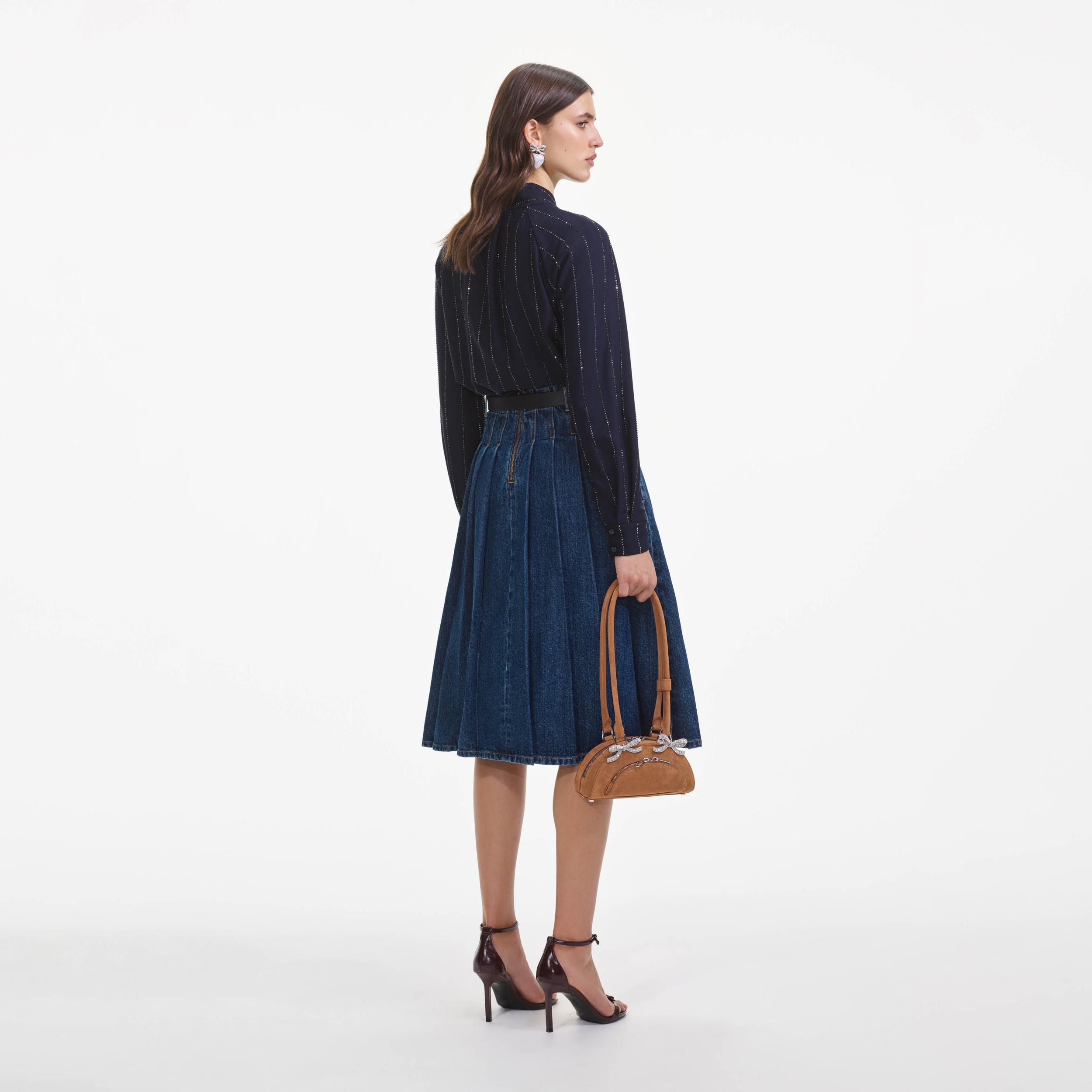 Pleated Denim Midi Skirt Product Image