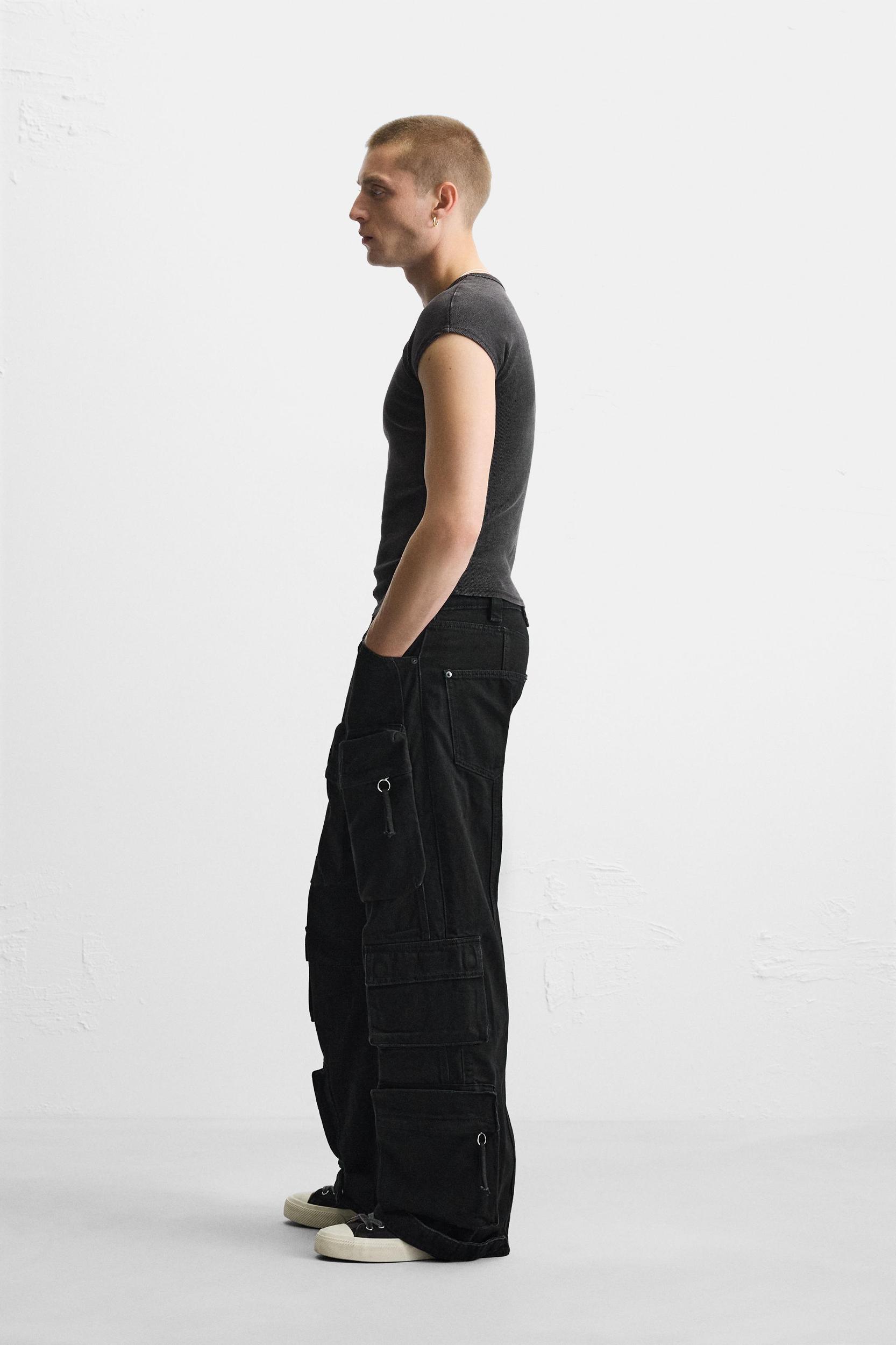 DENIM CARGO PANTS WITH POCKETS Product Image