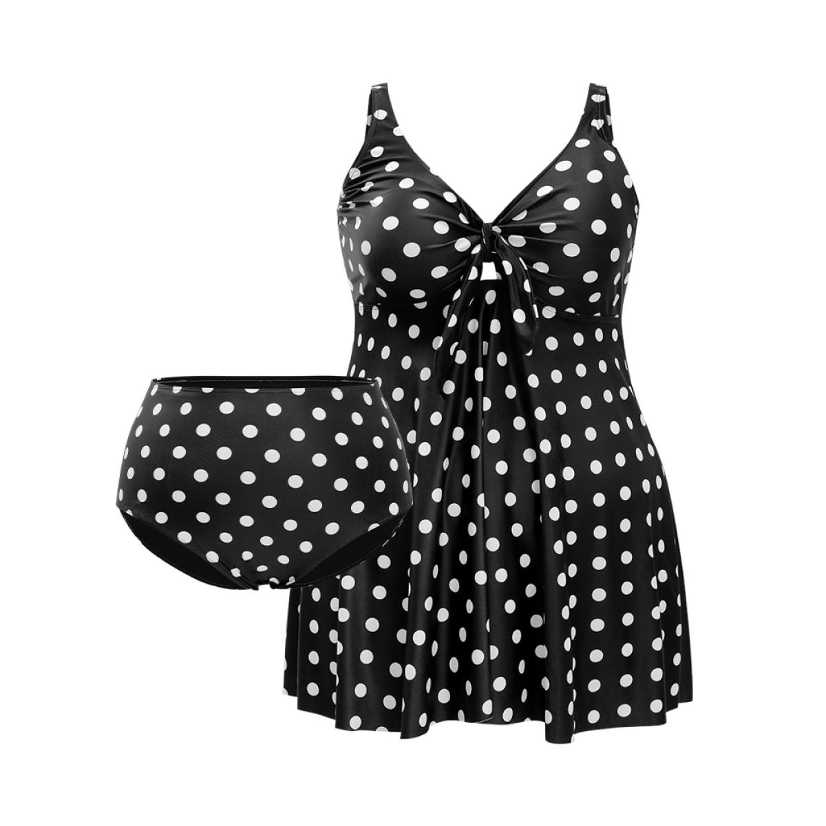 Plus Size Polka Dot Twist Front Adjustable Straps Swim Dress Women's Swimwear BlackFlower Vacation Bodycon Deep V-neck High stretch Curve Swim Dresses BloomChic 22-24/3X Product Image