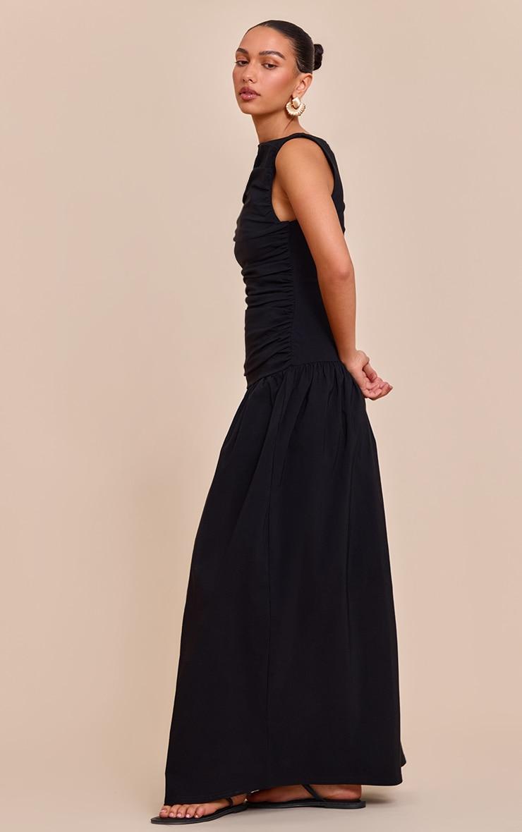Black Stretch Woven Ruched Detail Drop Waist Maxi Dress Product Image
