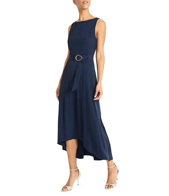 Maggy London Boat Neck Sleeveless Seamed Belted Fluid Crepe High-Low Midi Dress Product Image