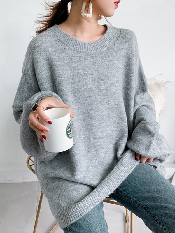 Stretch Mohair-Blend Balloon Sleeves Loose Solid Round-Neck Sweater Tops Product Image