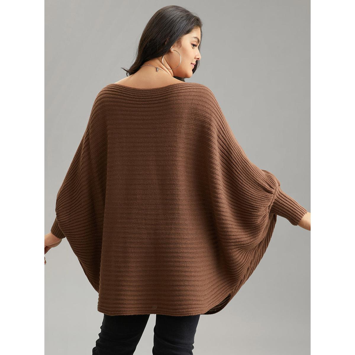 Plus Size Solid Textured Off Shoulder Batwing Sleeve Pullover DarkBrown Women Casual Loose Long Sleeve One-shoulder neck Dailywear Pullovers BloomChic 10/M Product Image