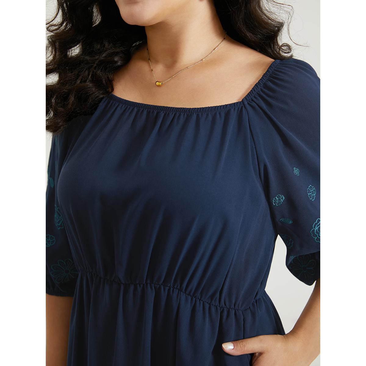Plus Size Floral Embroidered Pocket Square Neck Lantern Sleeve Dress Indigo Women Elegant Elastic cuffs Square Neck Half Sleeve Curvy Midi Dress BloomChic 28/5X Product Image