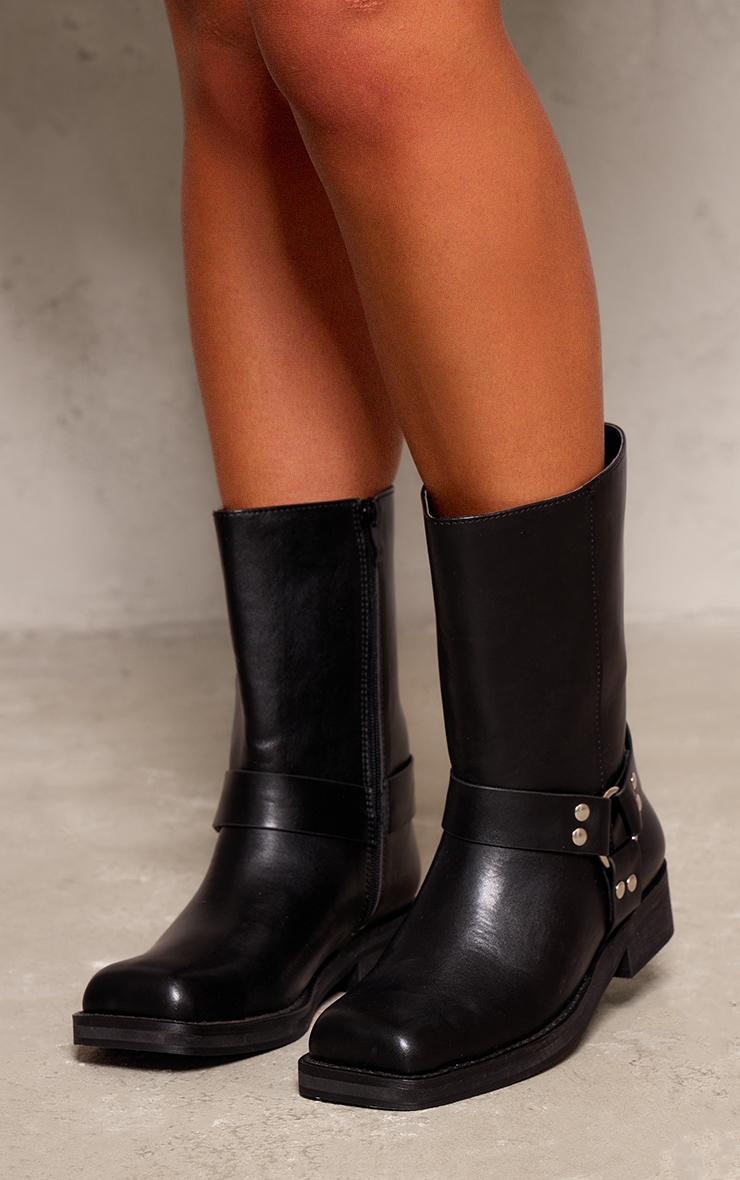Black PU Square Toe Buckle Detail Ankle Boots Product Image
