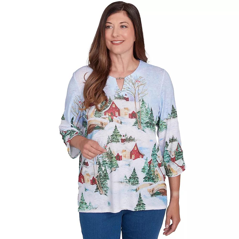 Petite Alfred Dunner Split Neck Winter Wonderland Top, Women's, Size: XL Petite, Multi Blue Product Image