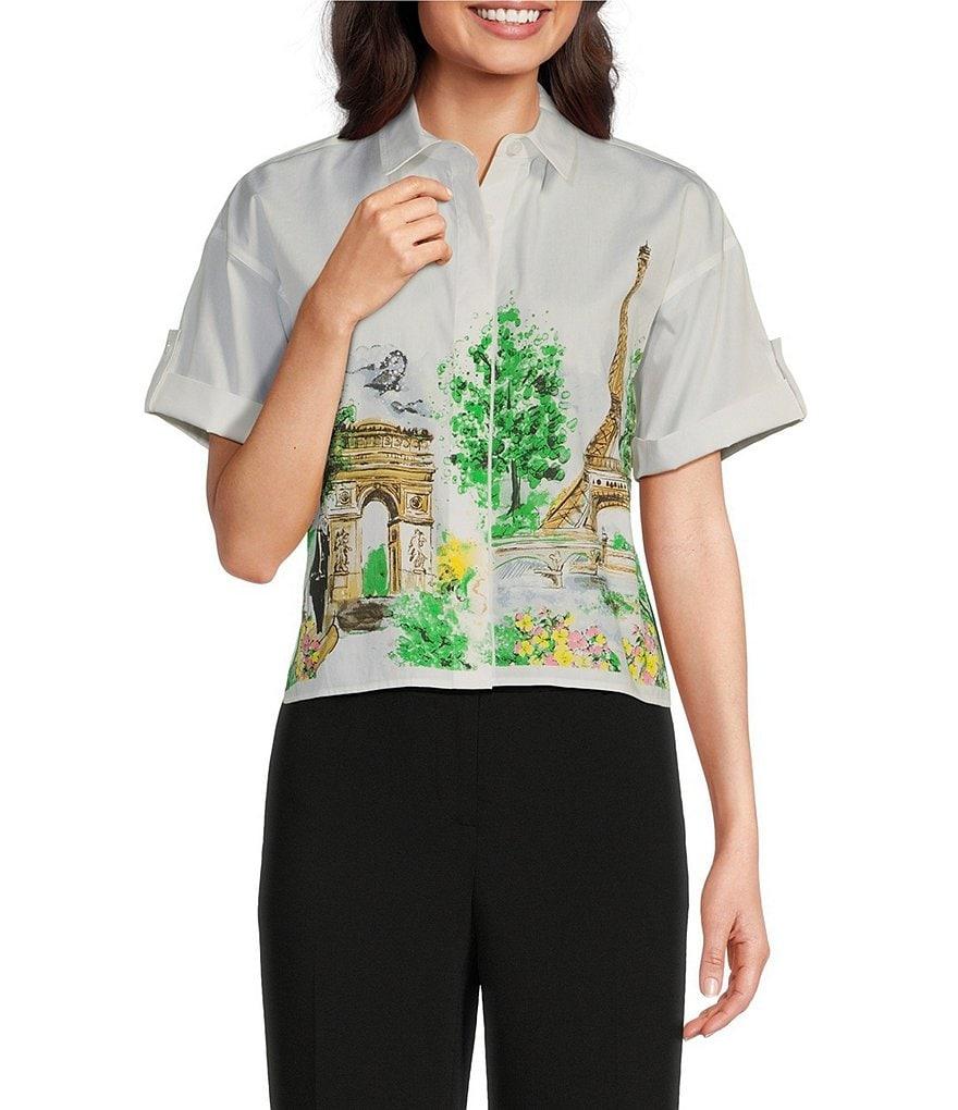 KARL LAGERFELD PARIS Poplin Point Collar Short Sleeve Graphic Button Front Top Product Image