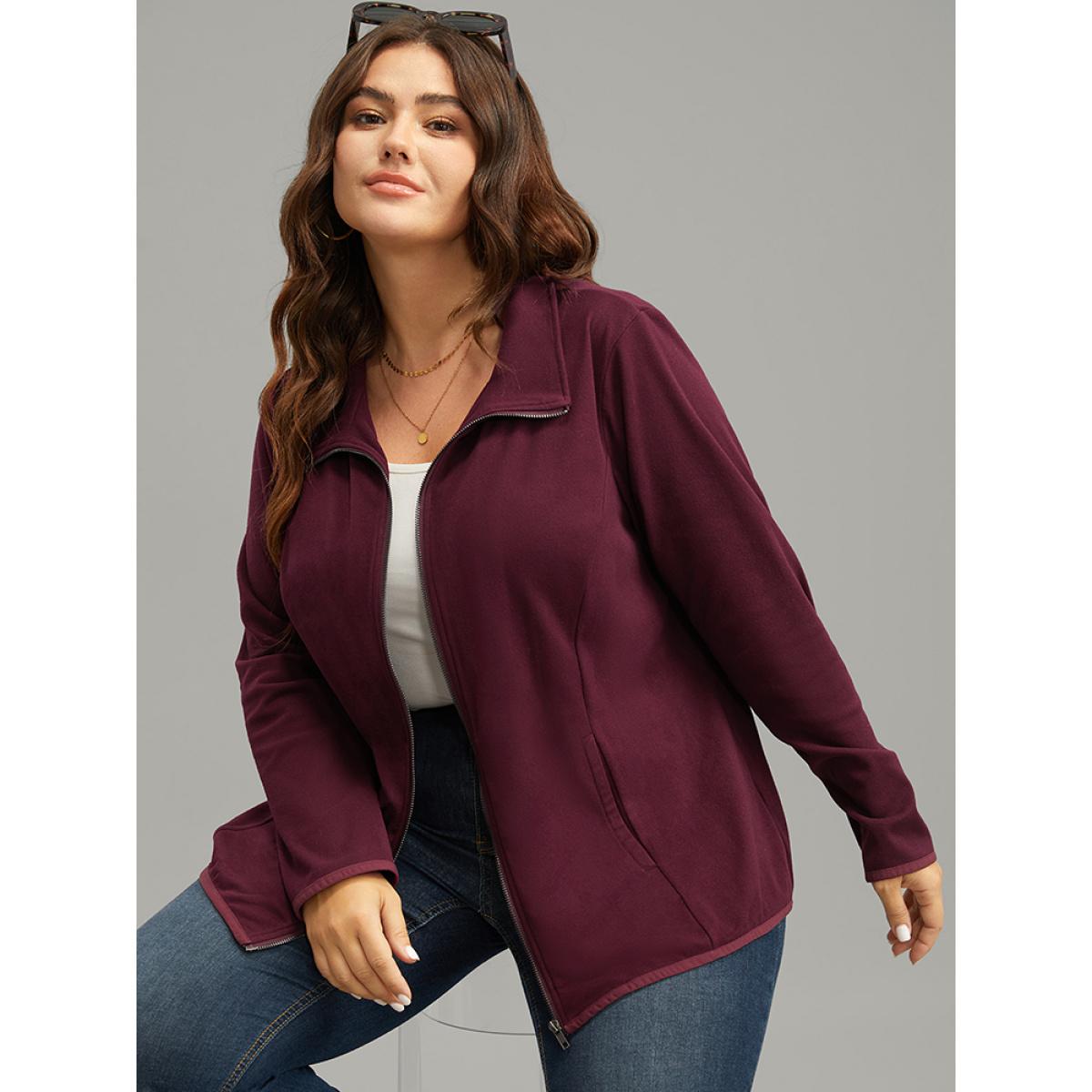 Plus Size Plain Zipper Fly Lapel Collar Jacket Women Burgundy Plain Pocket Dailywear Jackets BloomChic 18-20/2X Product Image