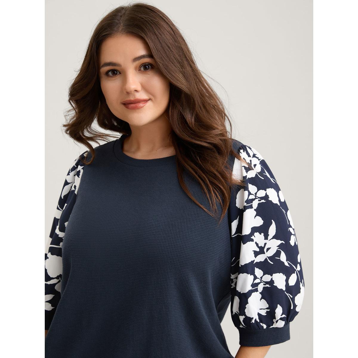 Plus Size Textured Floral Puffy Sleeve Sweatshirt Women Indigo Timeless Texture Round Neck Elegant Sweatshirts BloomChic 12/L Product Image