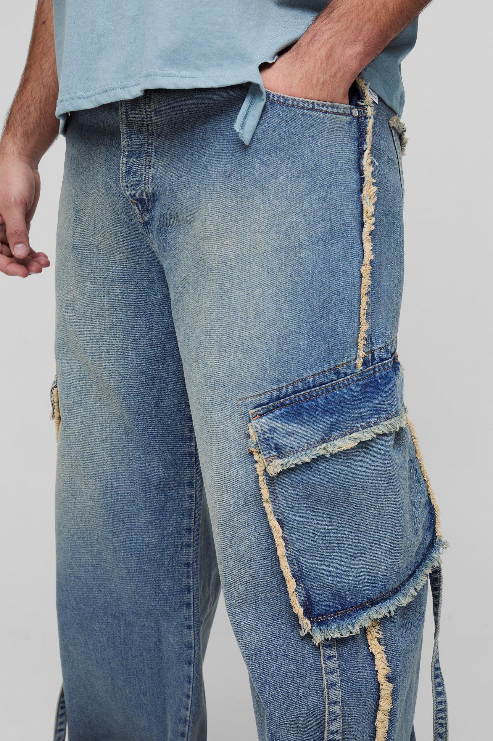 Plus Fray Seam Slanted Cargo Pocket Relaxed Fit Jeans | boohooMAN USA Product Image