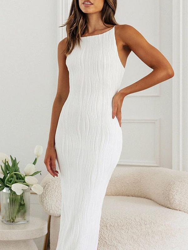 Bodycon Sleeveless Pleated Solid Color Split-Back Split-Joint Zipper Spaghetti-Neck Maxi Dresses Product Image