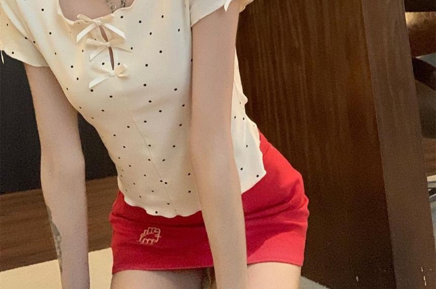 Short-Sleeve Scoop Neck Dotted Bow Accent Cutout Crop T-Shirt Product Image