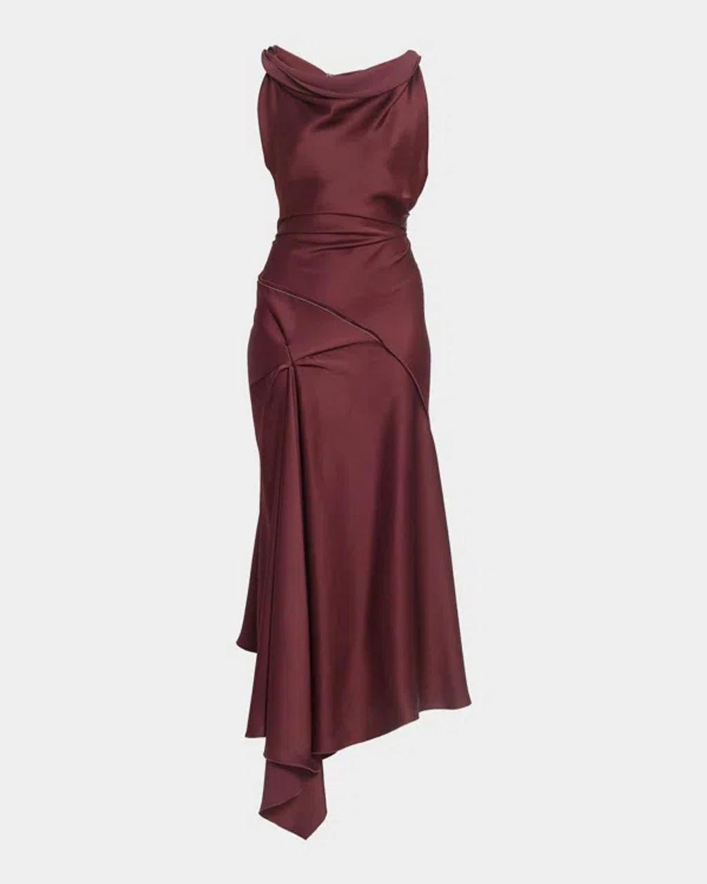 VICTORIA BECKHAM Asymmetric Draped Sleeveless Satin Midi Dress In Burgundy Product Image