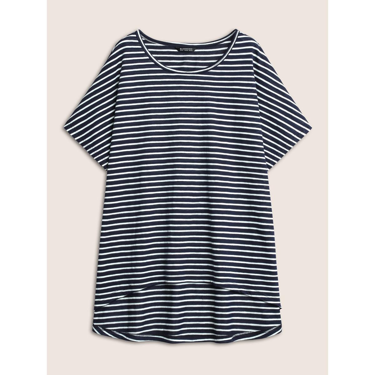 Plus Size Striped Dolman Sleeve Curved Hem T-shirt Midnight Women Casual Non Striped Round Neck Everyday T-shirts BloomChic 14-16/1X Product Image