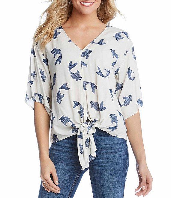 Karen Kane Fish Print V-Neck Short Flutter Sleeve Tie-Front Top Product Image