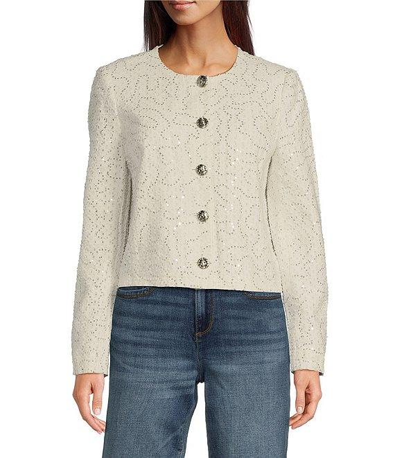 KARL LAGERFELD PARIS Sequin Round Neck Long Sleeve Button Front Jacket Product Image