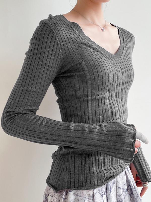 V Neck Slim Cutout Long Sleeve Knit Product Image