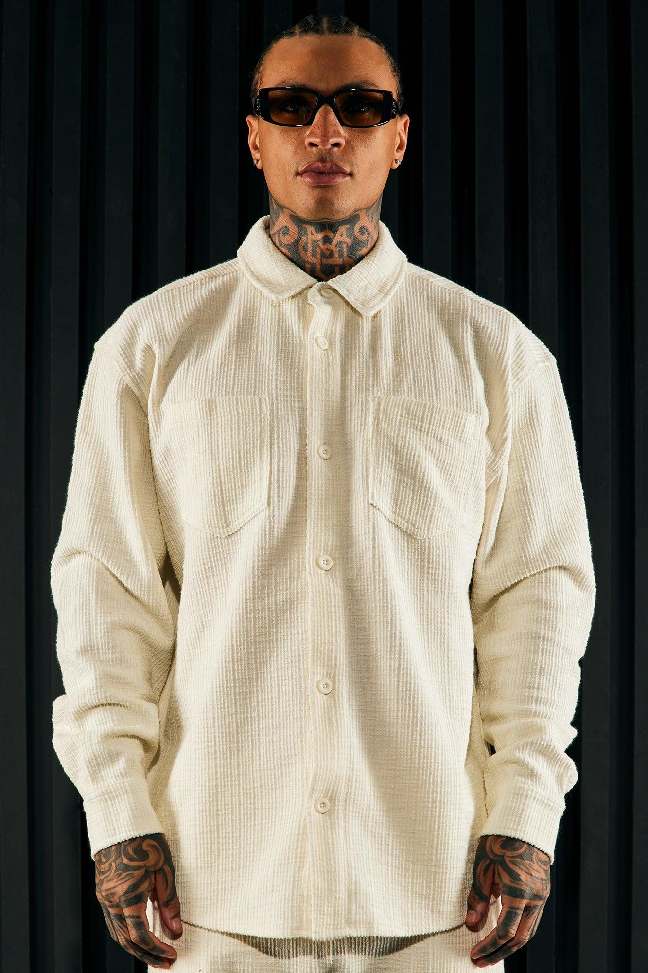 Dean Textured Long Sleeve Button Up Shirt - Cream Product Image