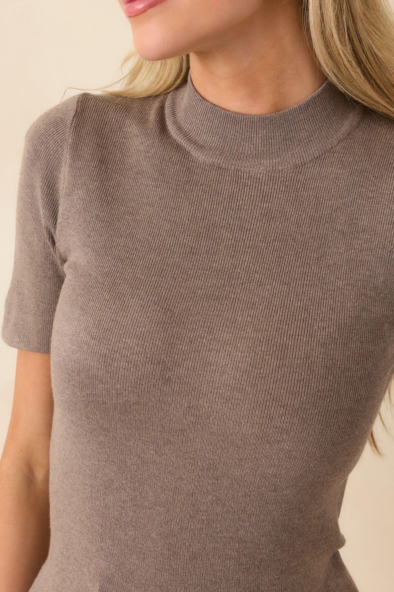 Without Thinking Dark Taupe Ribbed Mock Neck Short Sleeve Top L / Dark Taupe Product Image