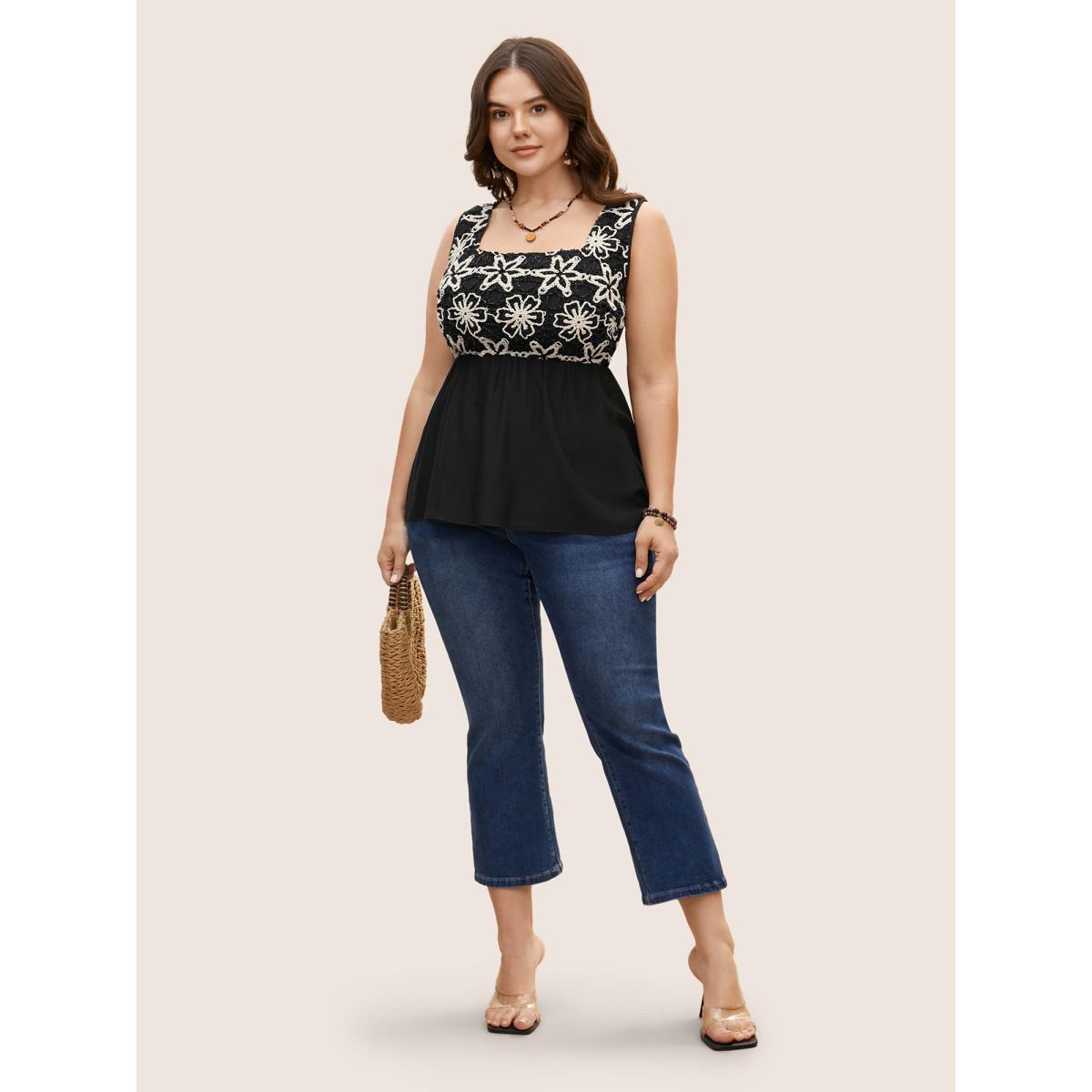 Plus Size Square Neck Crochet Floral Patchwork Tank Top Women Black Resort Contrast Square Neck Vacation Tank Tops Camis BloomChic 10/M Product Image