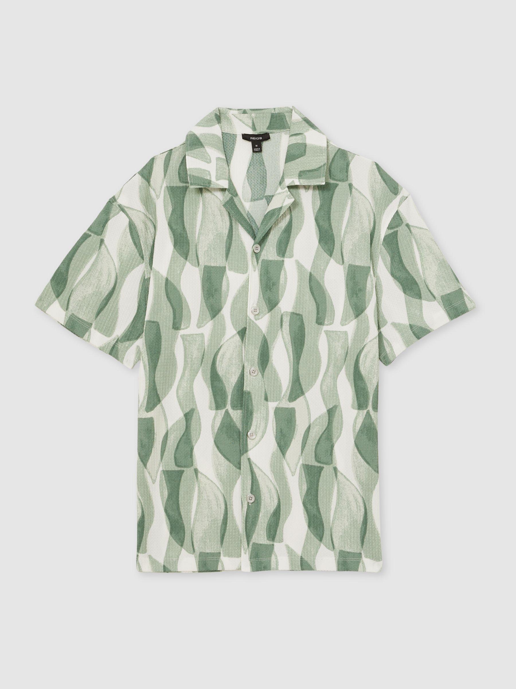 Printed Textured Cuban-Collar Shirt in Sage Green Product Image