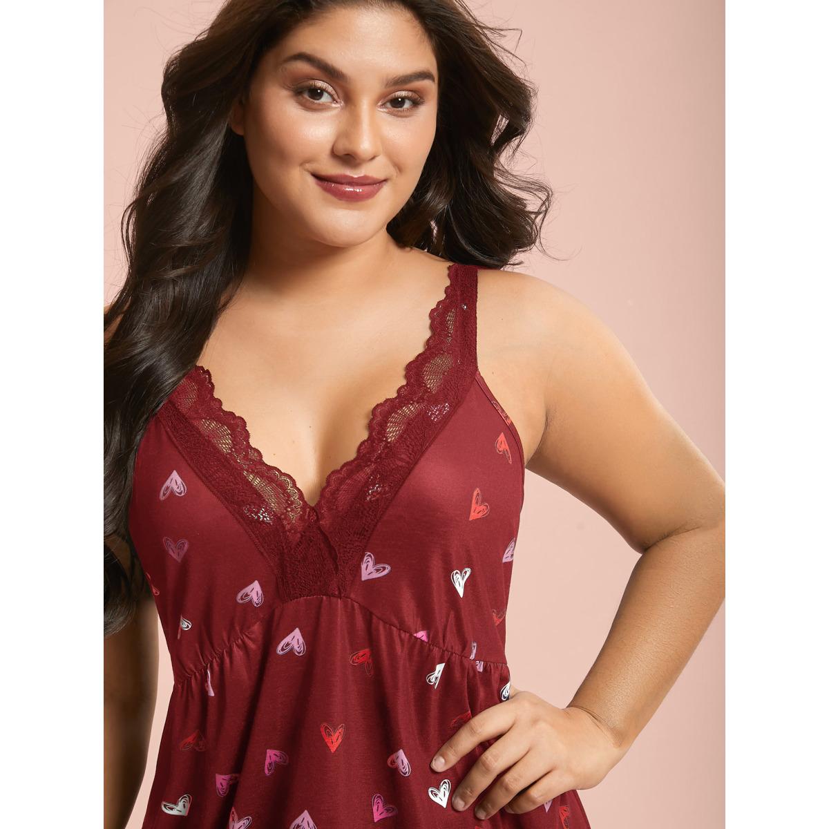 Plus Size Multi-Color Lace Trim Stitch Lounge Dress Women Crimson Lounge Woven ribbon&lace trim Deep V-neck Loungewear BloomChic 18-20/2X Product Image