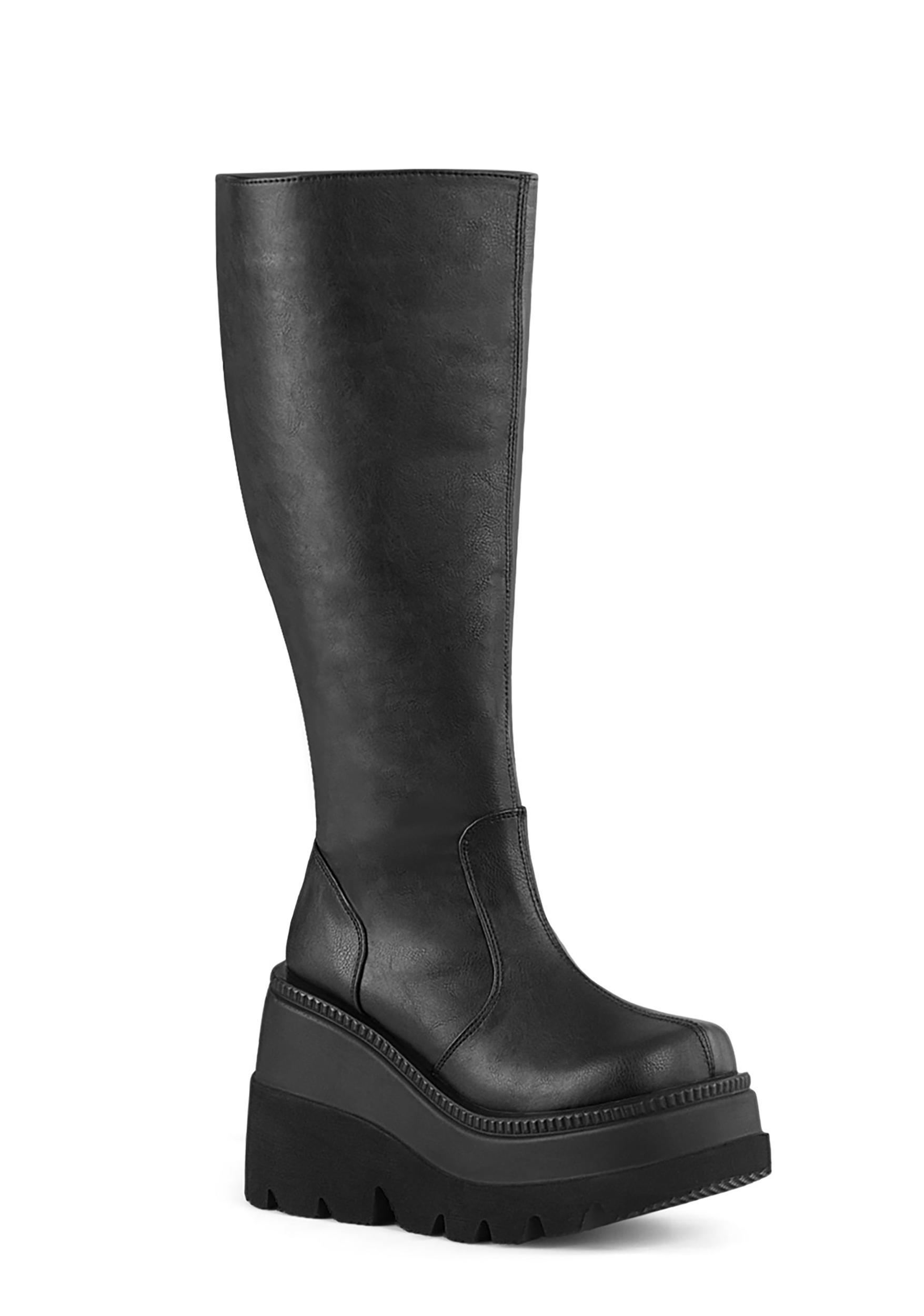Demonia Wide Calf Wedge Platform Knee High Boots - Black Product Image