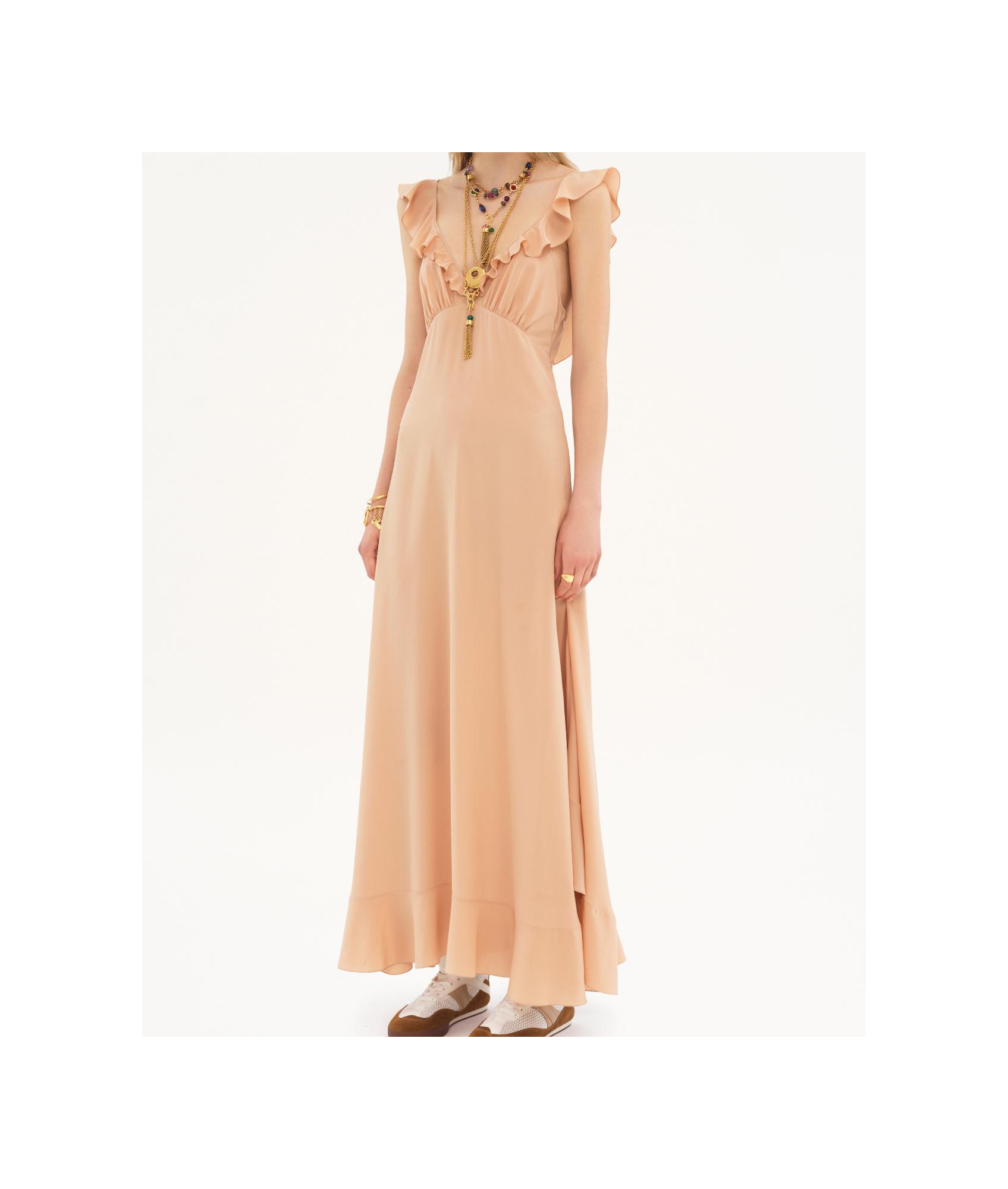 CHLOÉ Long Silk Dress With Flared Skirt And Ruffled Straps In Beige Product Image