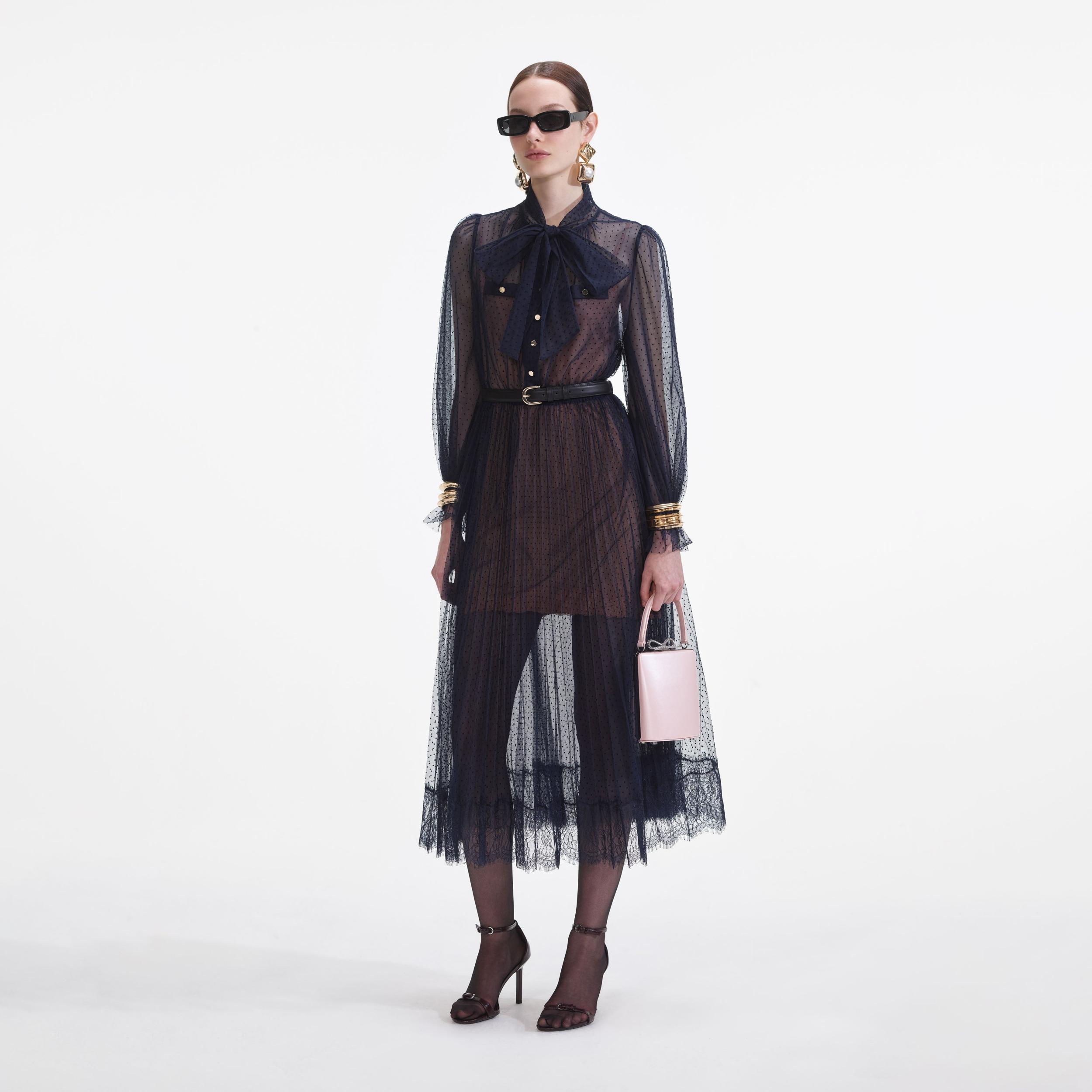 Navy Dot Mesh Midi Dress Product Image