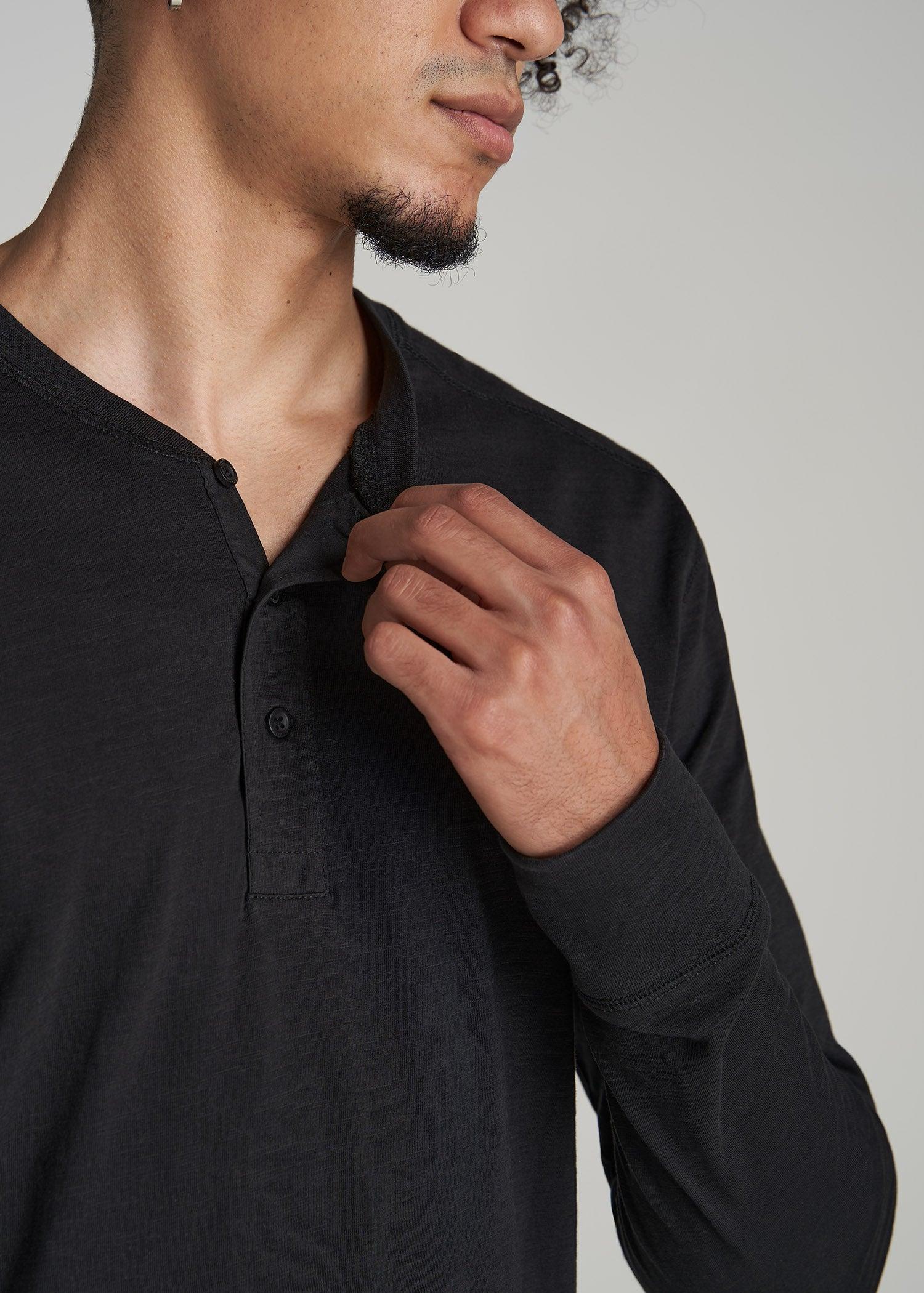 Three-Button Long Sleeve Slub Henley for Tall Men in Black Male Product Image