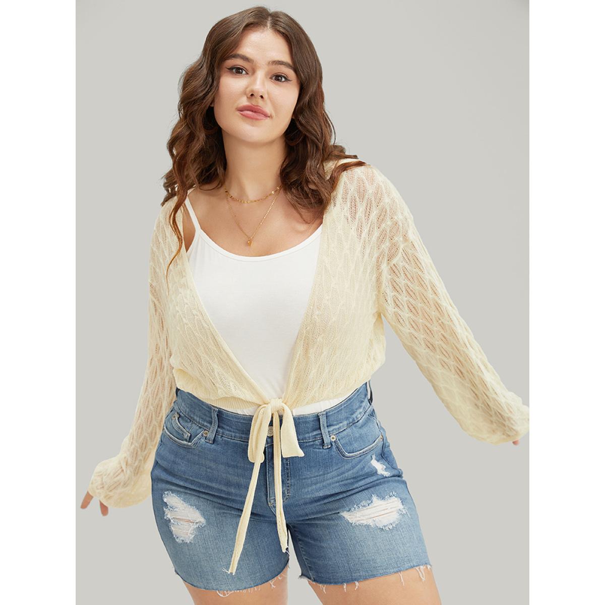 Plus Size Plain Argyle Eyelet Knotted Open Front Cardigan Beige Women Vacation Long Sleeve Going out Cardigans BloomChic 26/4X Product Image