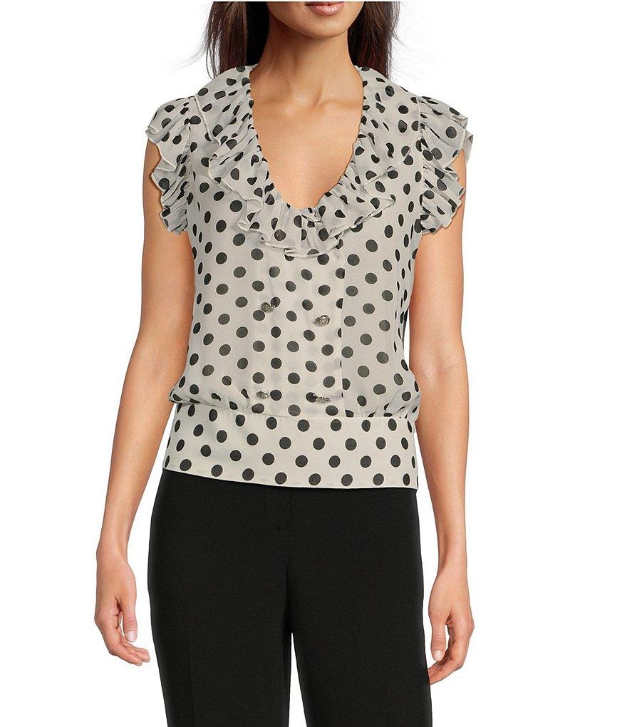 KARL LAGERFELD PARIS Crepe Dotted V-Neck Sleeveless Ruffle Blouse Product Image