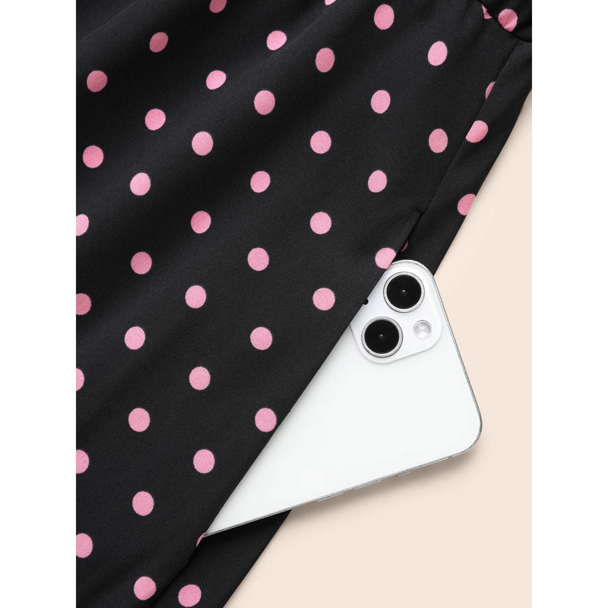 Plus Size Polka Dot Suit Collar Belted Dress Black Women Elegant Belted Suit Collar Long Sleeve Curvy BloomChic 12/L Product Image