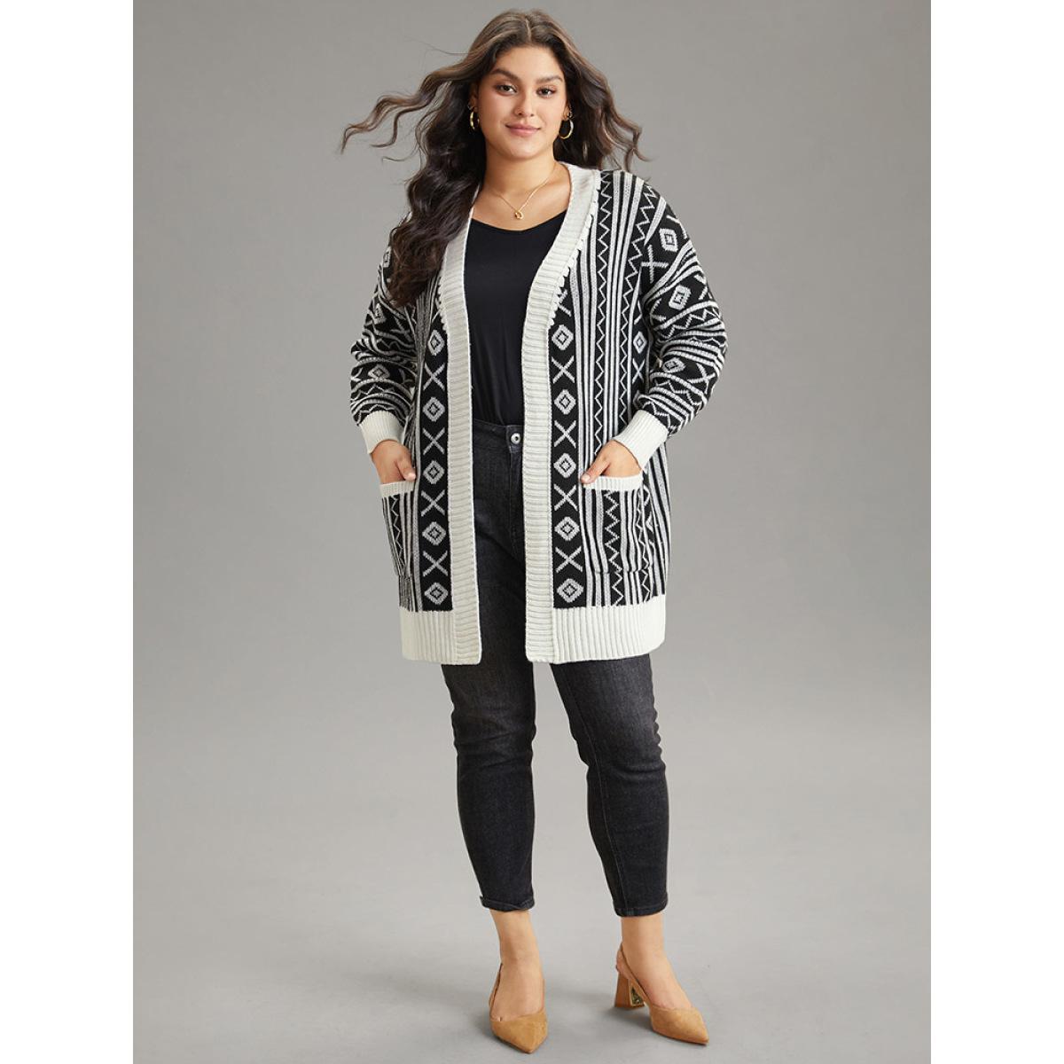 Plus Size Geometric Bandana Contrast Pocket Cardigan Black Women Casual Loose Long Sleeve Dailywear Cardigans BloomChic 26/4X Product Image