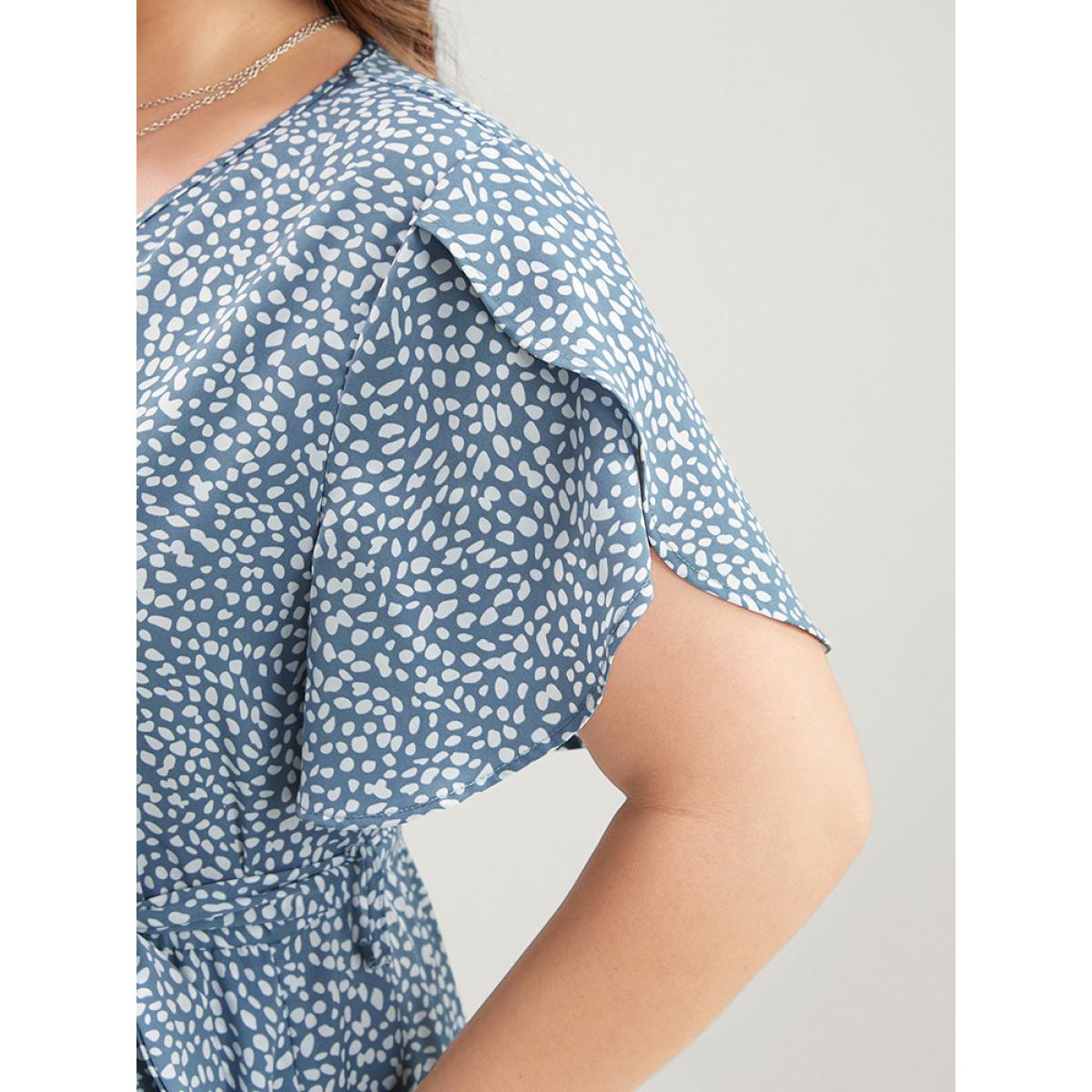 Plus Size Polka Dot Split Sleeve Ruffle Pocket Belted Asymmetrical Hem Dress LightBlue Women Elegant Cross straps V-neck Short sleeve Curvy Midi Dress BloomChic 30/6X Product Image