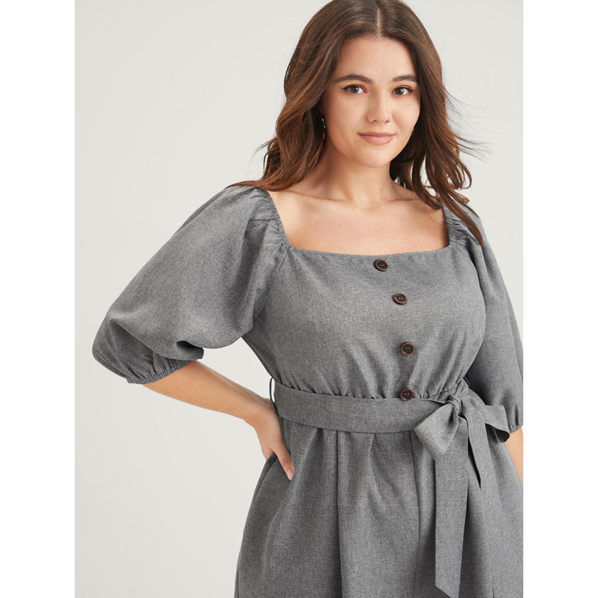 Plus Size DimGray Plain Fake Button Pocket Puff Sleeve Square Neck Belted Jumpsuit Women Office Half Sleeve Square Neck Work Loose Jumpsuits BloomChic 28/5X Product Image