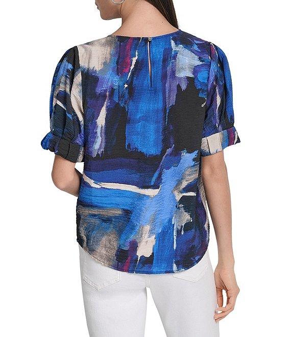 DKNY by Donna Karan Brush Stroke Print Crew Neck Rolled Puff Sleeve Blouse Product Image