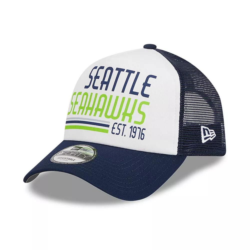 Men's New Era White/College Navy Seattle Seahawks Stacked A-Frame Trucker 9FORTY Adjustable Hat Product Image