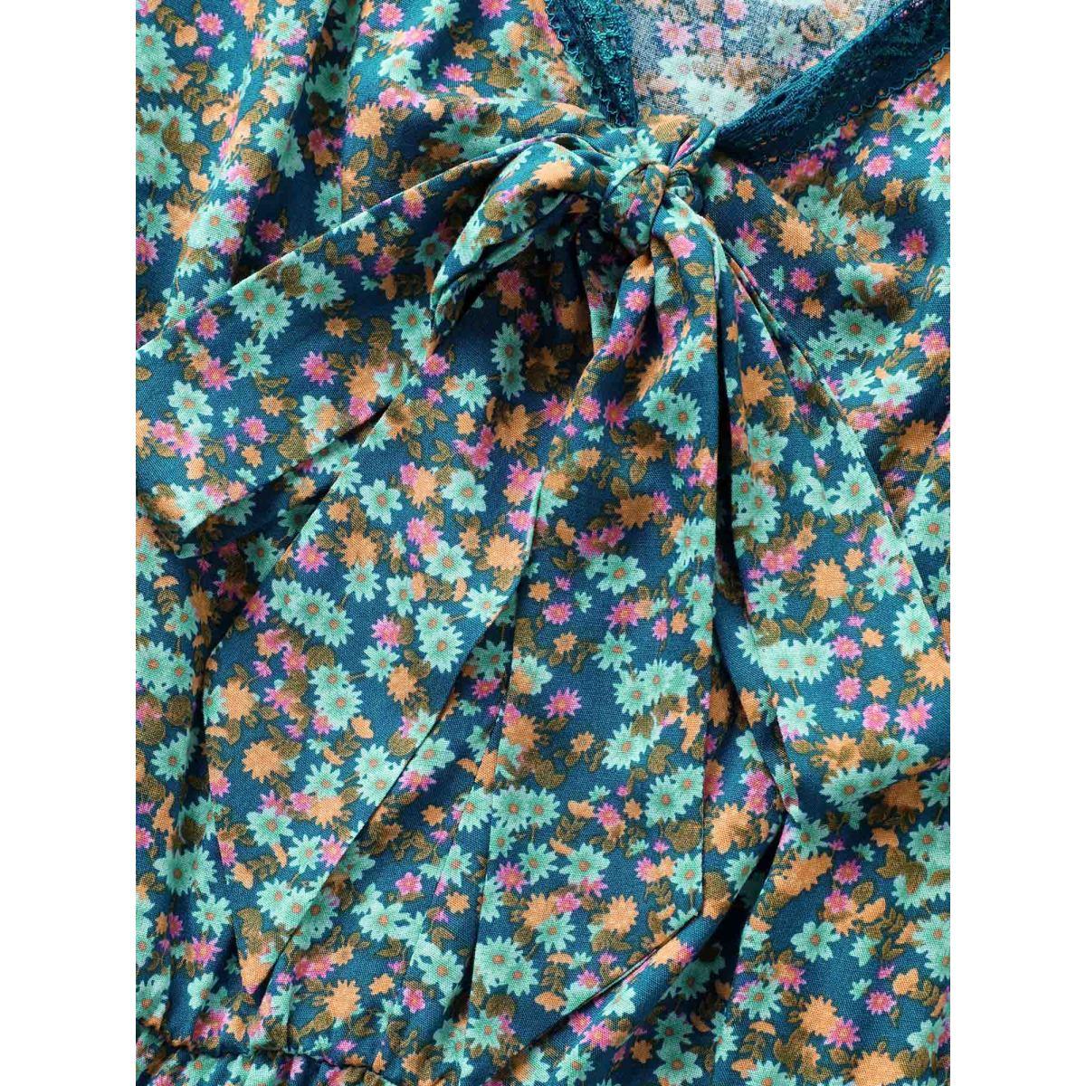 Plus Size Ditsy Floral Print Neck Ribbon Midi Dress Aegean Women Heart neckline Sleeveless Curvy BloomChic 28/5X Product Image