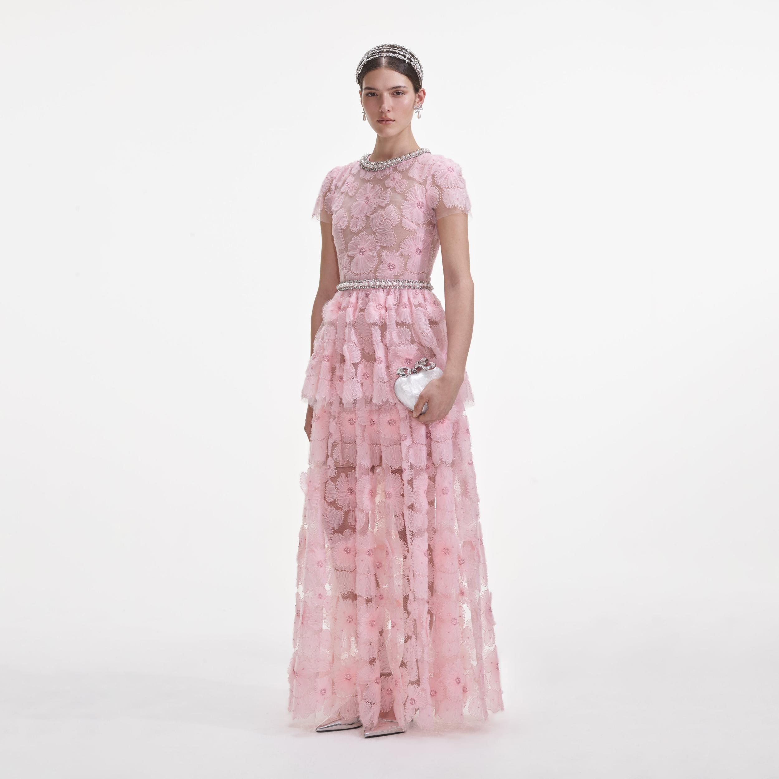 Pink Embellished Tulle Maxi Dress Product Image