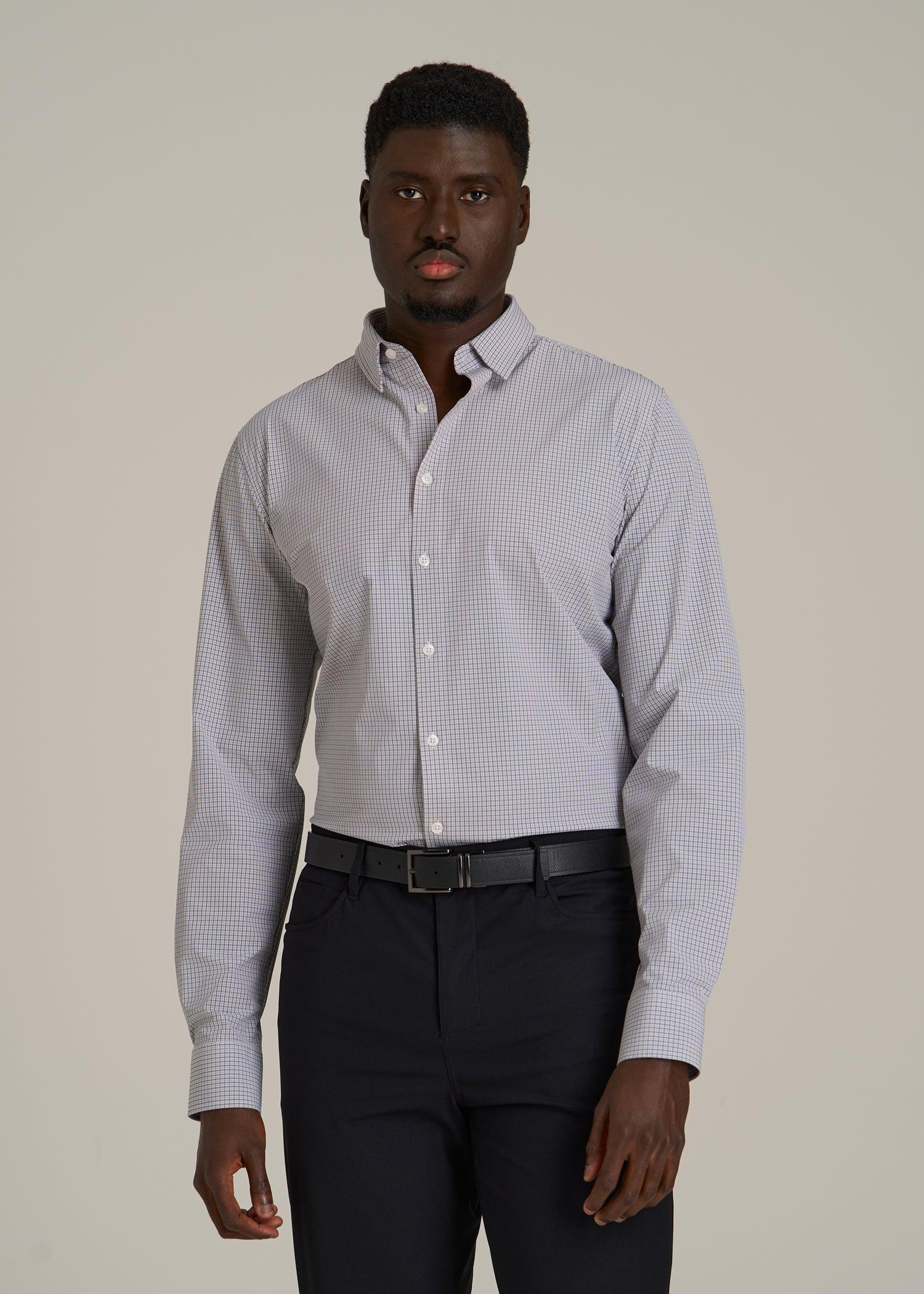 Traveler Stretch Dress Shirt for Tall Men in Grey Mini Plaid Male Product Image
