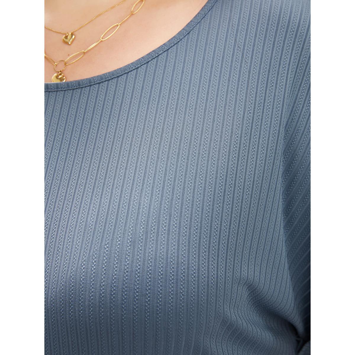 Plus Size Plain Round Neck Rib Knit Tee LightBlue Women Casual Plain Round Neck Dailywear T-shirts BloomChic 26/4X Product Image