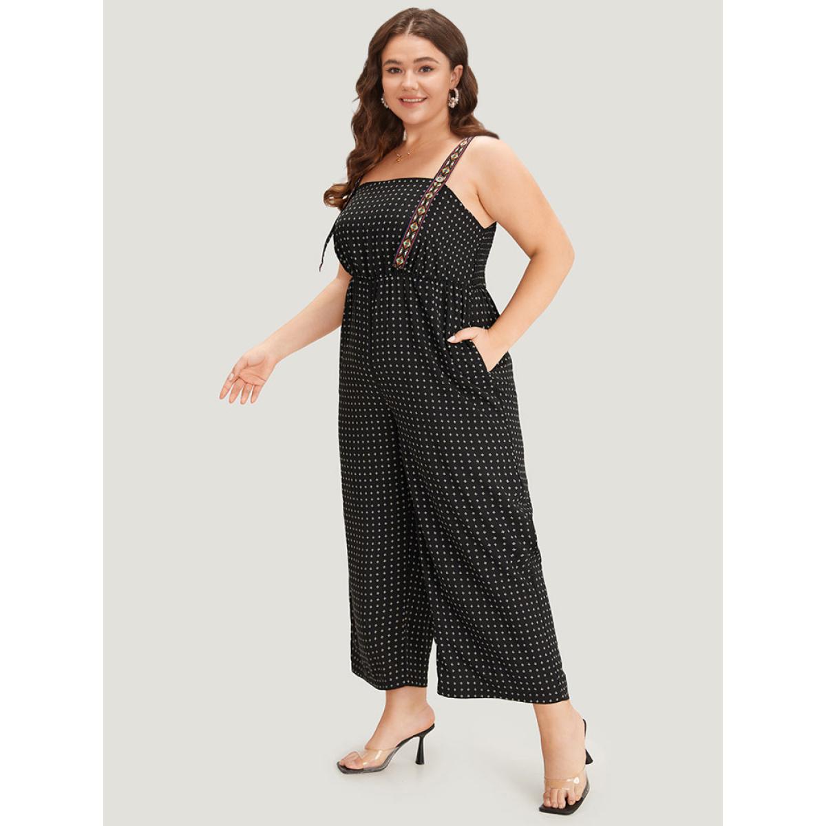 Plus Size Black Geometric Print Pocket Button Elastic Waist Cami Jumpsuit Women Casual Sleeveless Spaghetti Strap Dailywear Loose Jumpsuits BloomChic 14-16/1X Product Image