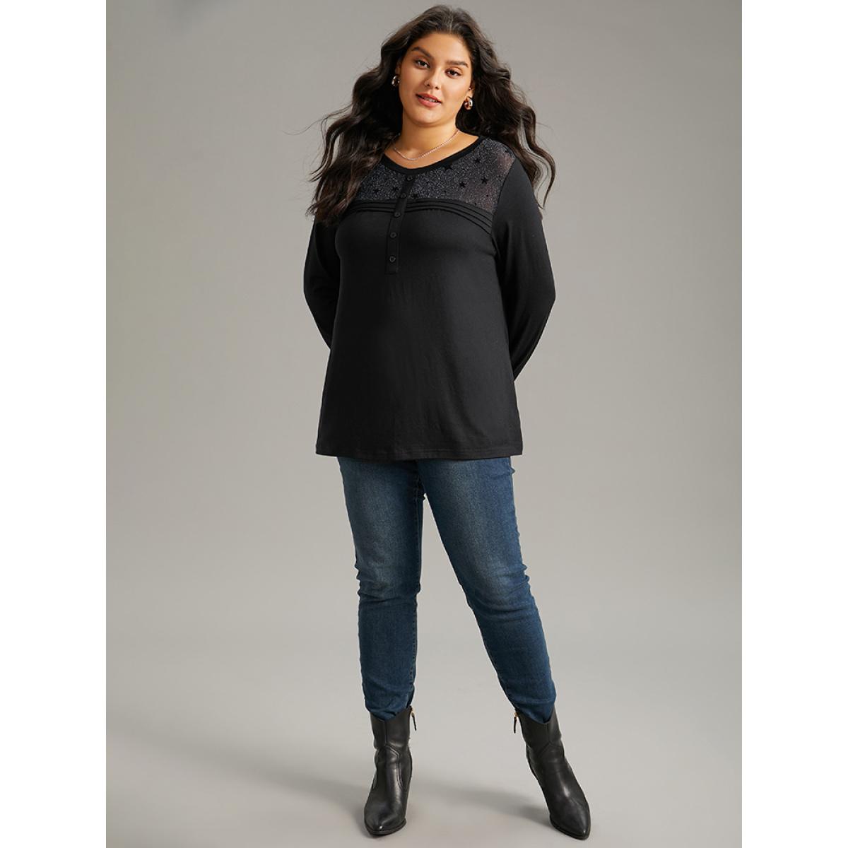 Plus Size Star Mesh Patchwork Button Detail T-shirt Black Women Elegant See through Moon and Star Round Neck Dailywear T-shirts BloomChic 10/M Product Image