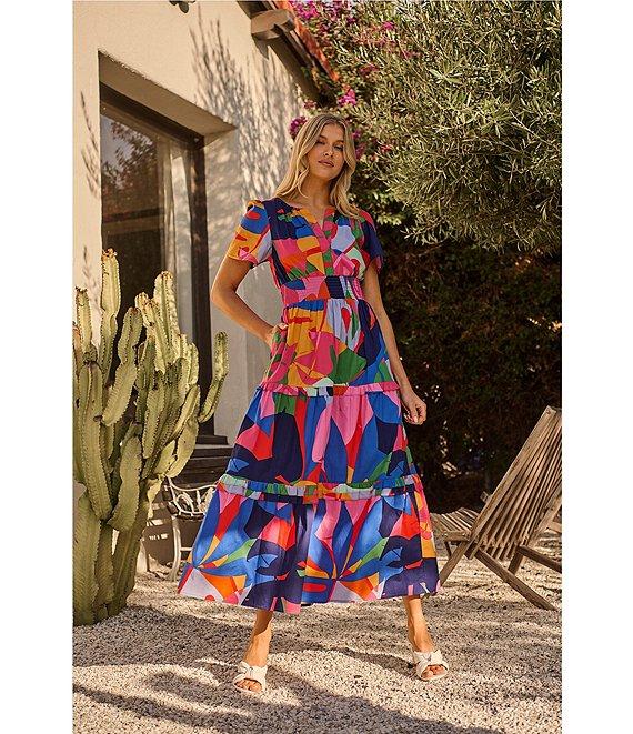 Sugarlips Palmer Abstract Printed Multi Color V-Neck Short Sleeve Poplin Tiered Smocked Waist Maxi Dress Product Image