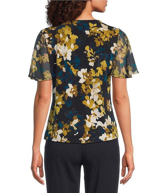 Calvin Klein V-Neck Ruched Shoulder Flutter Sleeve Blouse Product Image